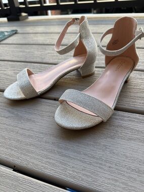 Duffanie Glitter Silver Open-Toe Ankle Strap Low Block Heels